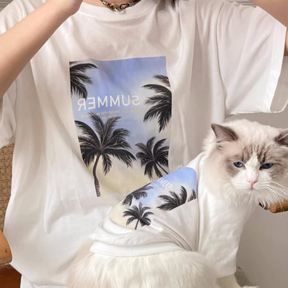 T-shirts assortis à col rond et imprimé palmier d'été pour chien et propriétaire