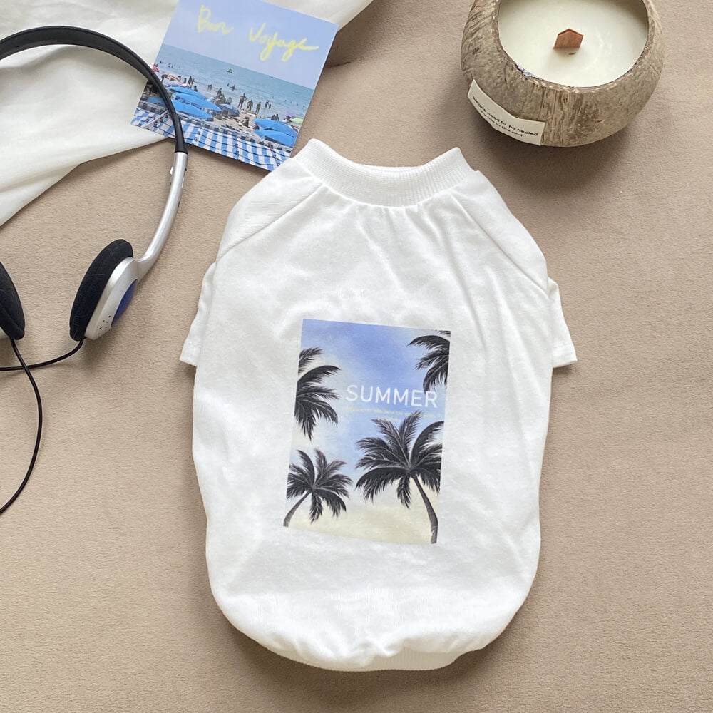 Summer Palm Tree Print Round-Neck Matching Tees for Dog and Owner