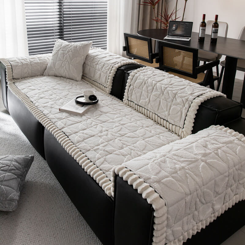 Thickened Short Plush Leaf Pattern Scratch Resistant Non-Slip Couch Cover
