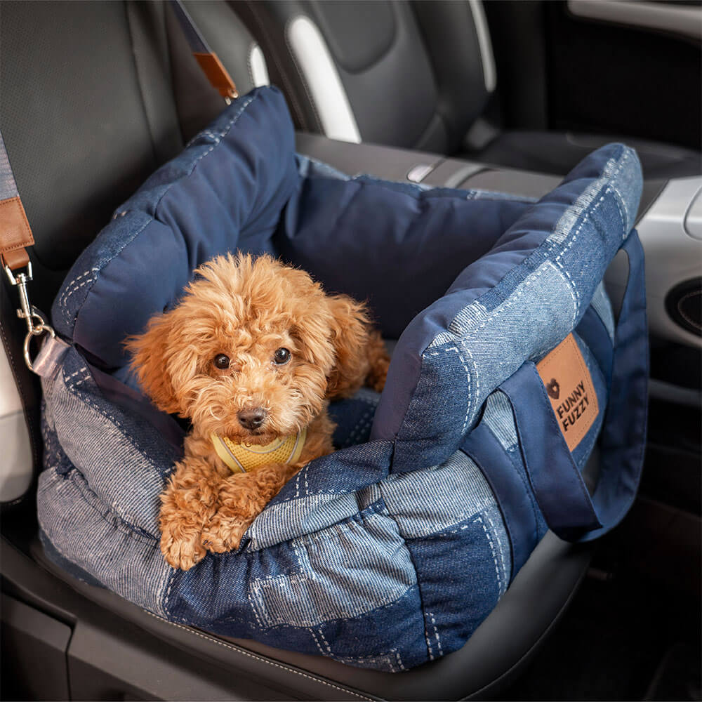 Travel Safety Bolster Vintage Denim Patchwork Dog Car Seat Bed - FunnyFuzzy