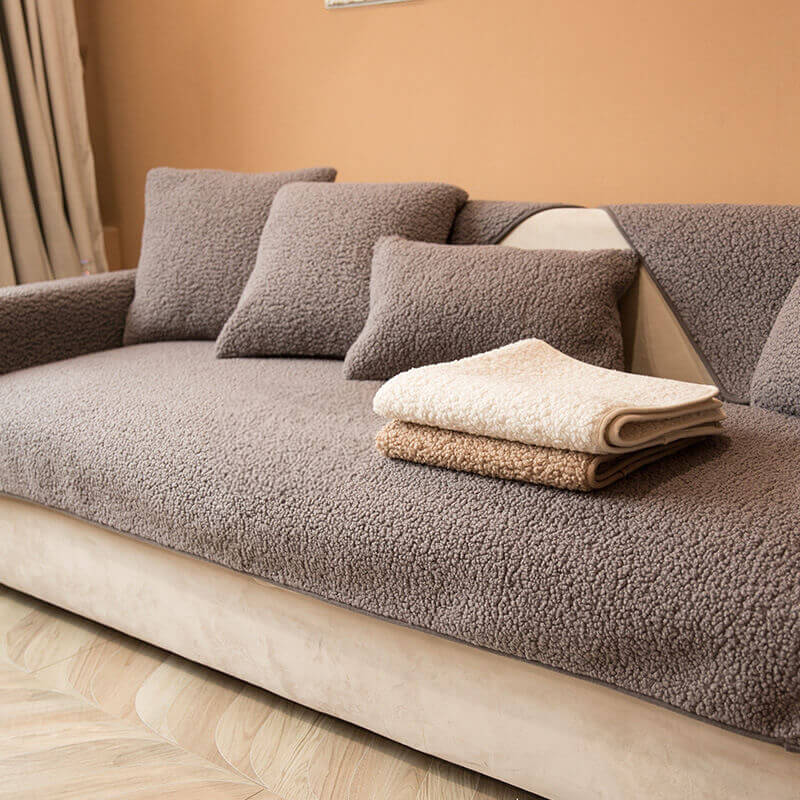 Funny Fuzzy Cosy Plush Solid Colour Non-Slip Couch Cover Soft Warm Cushion