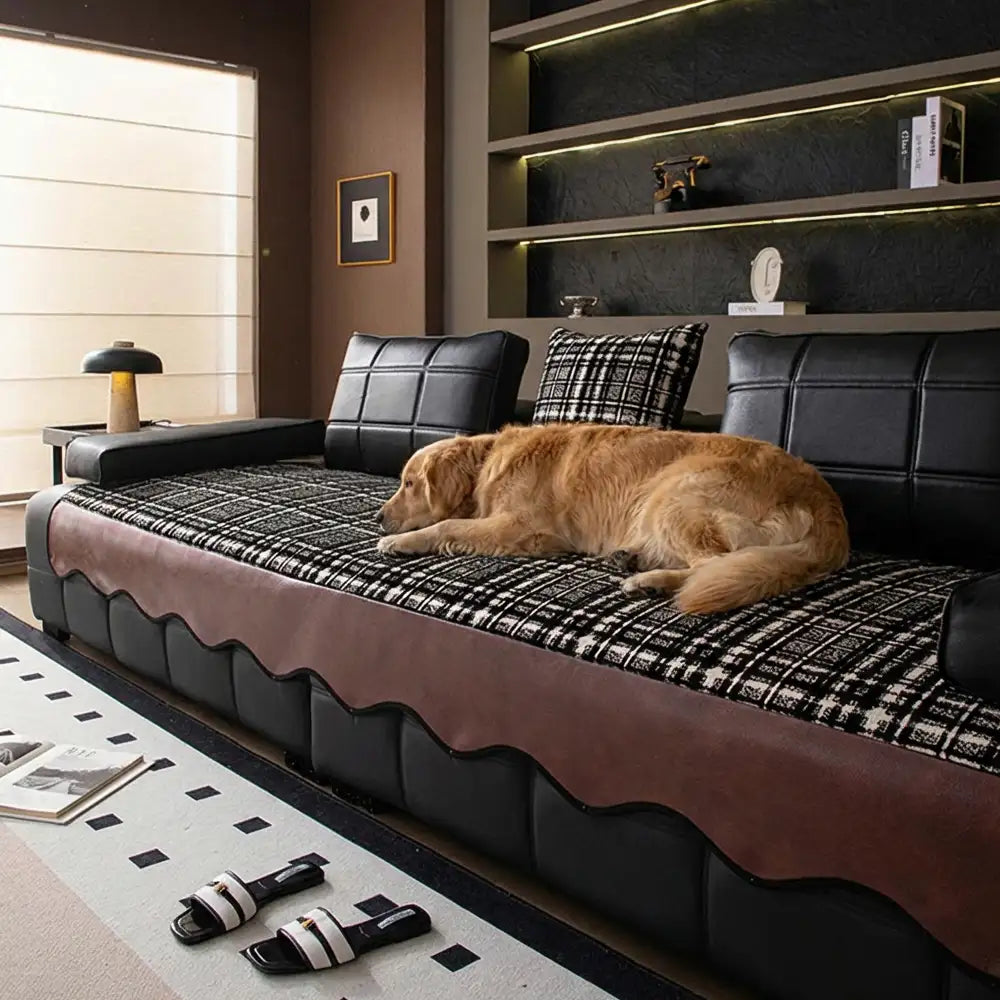 Vintage Chenille Sofa Protector with Faux Leather Panels Non-Slip Couch Cover