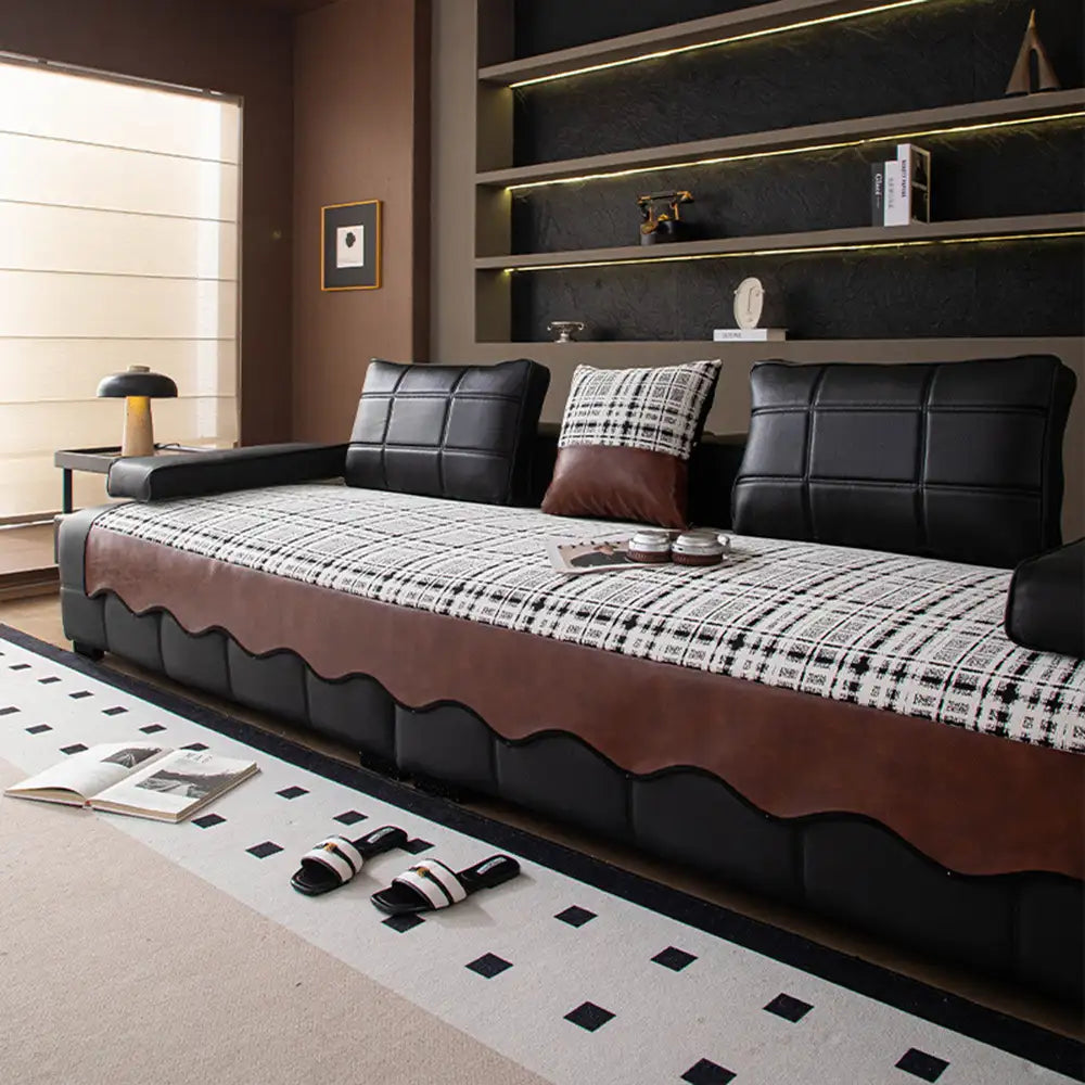 Vintage Chenille Sofa Protector with Faux Leather Panels Non-Slip Couch Cover