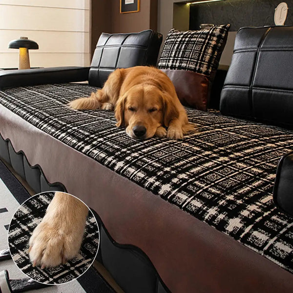 Vintage Chenille Sofa Protector with Faux Leather Panels Non-Slip Couch Cover