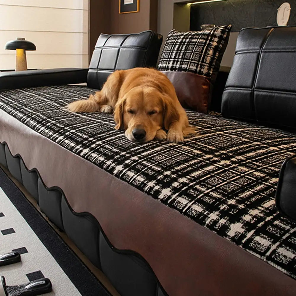 Vintage Chenille Sofa Protector with Faux Leather Panels Non-Slip Couch Cover