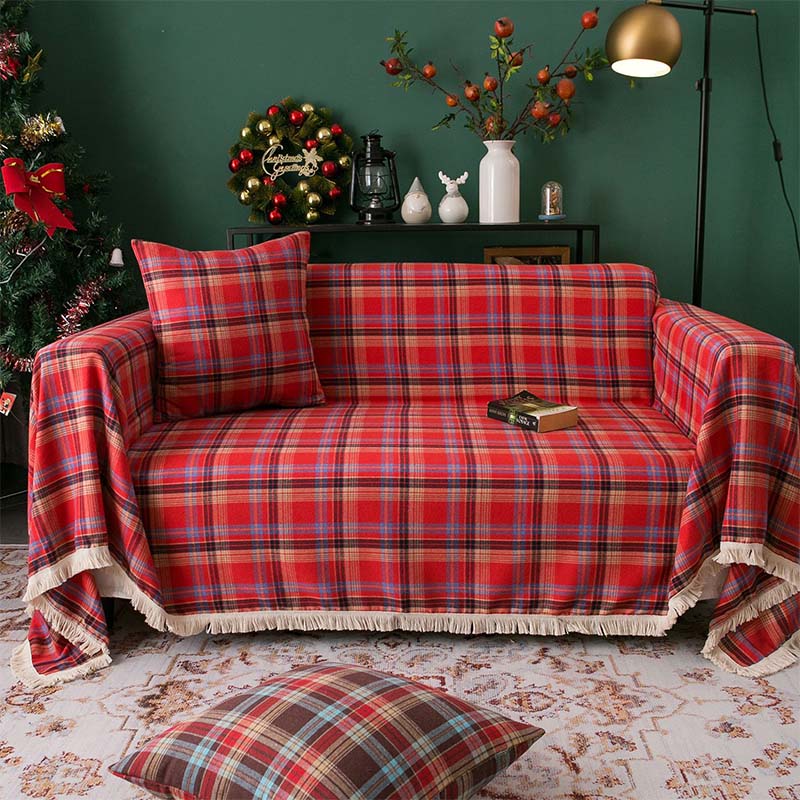 Vintage Christmas Style Plaid Blanket Full Wrap Couch Cover