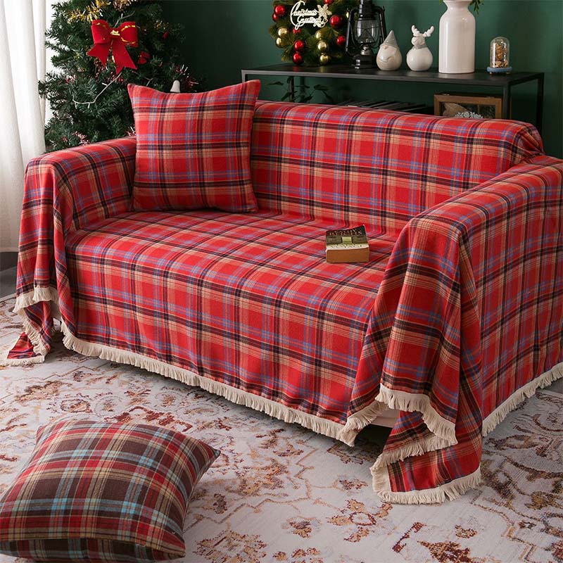 Vintage Christmas Style Plaid Blanket Full Wrap Couch Cover