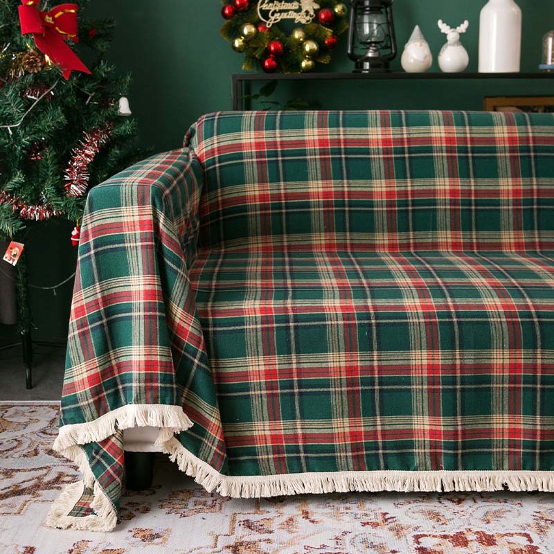 Vintage Christmas Style Plaid Blanket Full Wrap Couch Cover