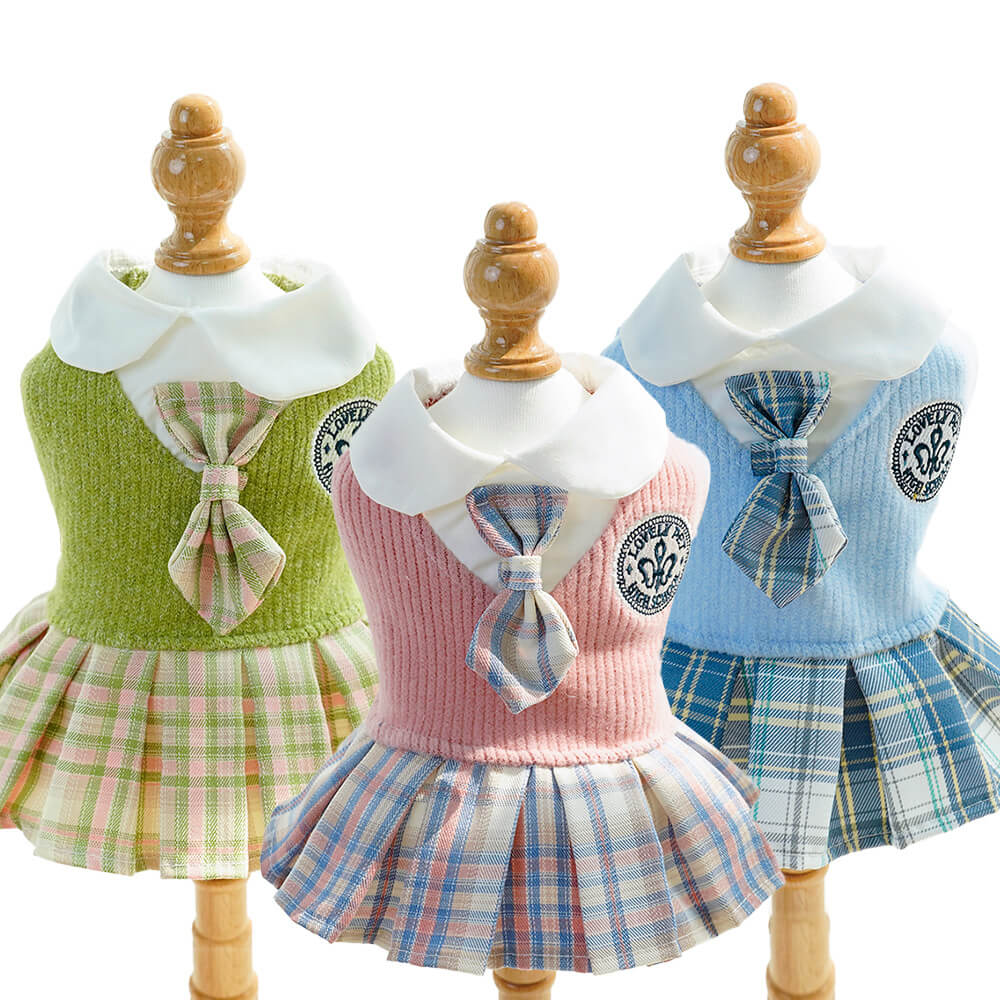 Plaid Schoolgirl Dog Dress with Collar and Tie