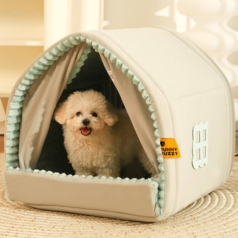 Double Curtain Pet House Enclosed Dog Bed