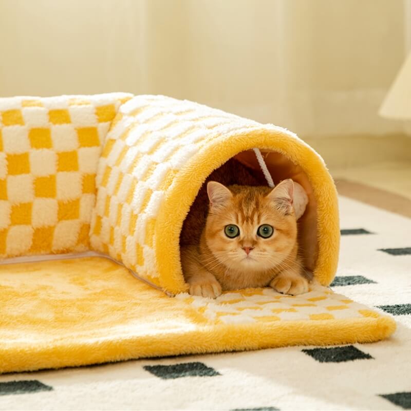 2-in-1 Funny Plush Plaid Checkered Cat Tunnel  Bed