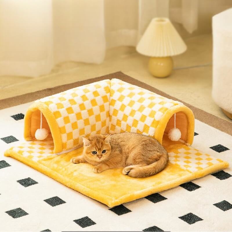 2-in-1 Funny Plush Plaid Checkered Cat Tunnel Bed - FunnyFuzzy
