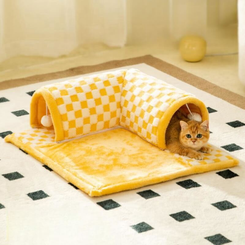 2-in-1 Funny Plush Plaid Cat Tunnel Cat Bed