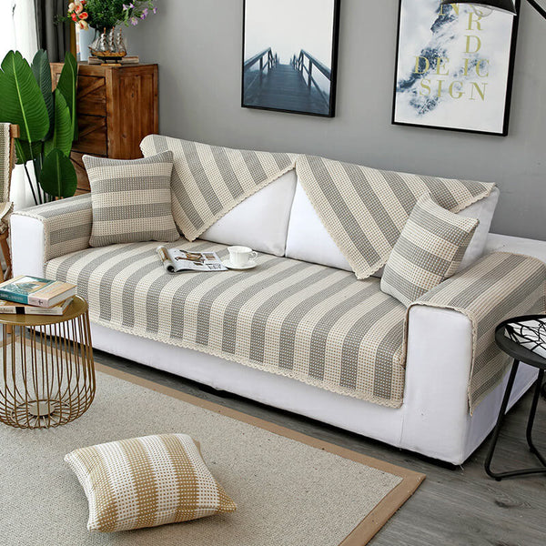 Cotton Linen Stripe Antiscratch Furniture Protector Couch Cover