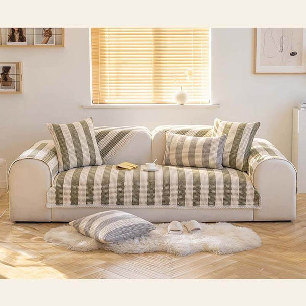 Cotton Linen Stripe Antiscratch Furniture Protector Couch Cover