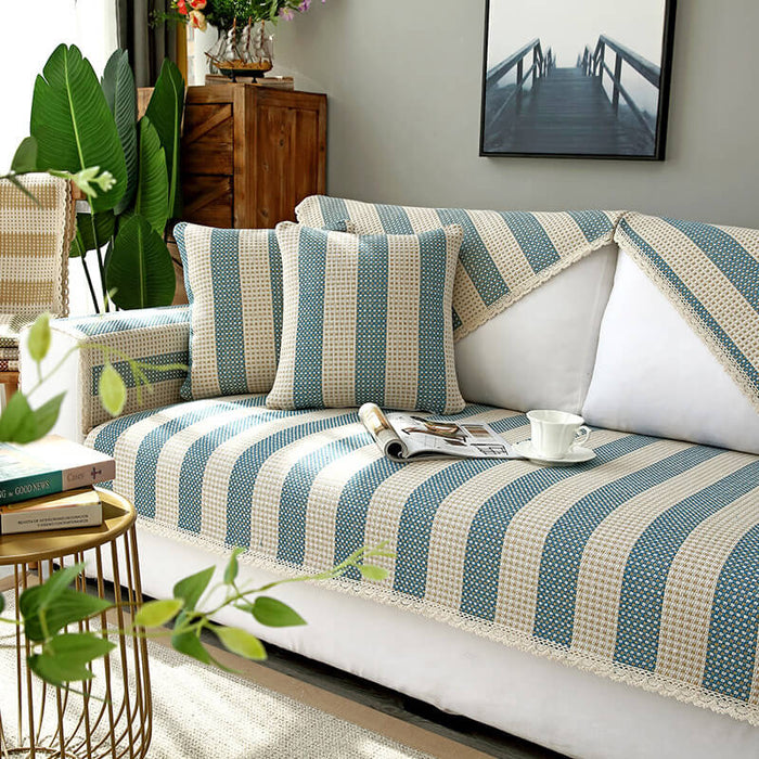 Cotton Linen Stripe Antiscratch Furniture Protector Couch Cover