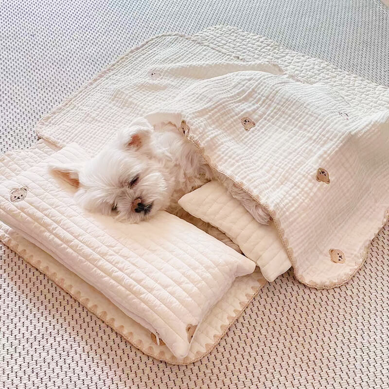 Conjunto de cama aconchegante com travesseiro de algodão bordado para animais de estimação
