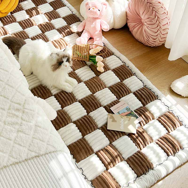 Cream-colored Large Plaid Square Fuzzy Pet Mat Bed Couch Cover