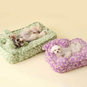Daisy Pattern Warm Soft Calming Dog Bed With Flower Pillow