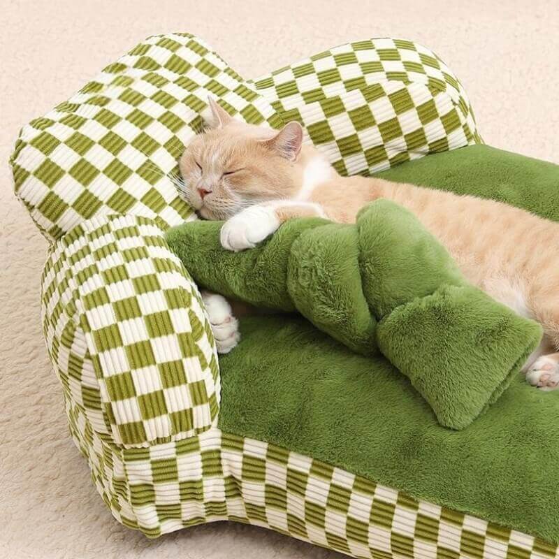Full Backrest Pet Sofa Chequerboard Plush Dog & Cat Sofa Bed