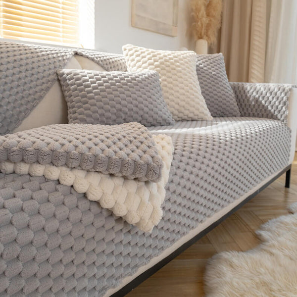 Honeycomb Plush Thickened Non-slip Couch Cover - FunnyFuzzy