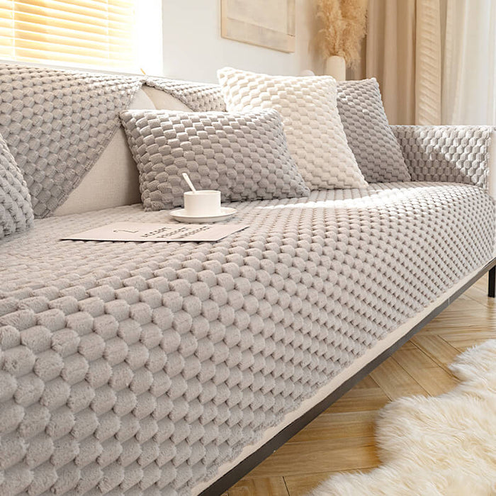 Honeycomb Plush Thickened Non-slip Couch Cover - FunnyFuzzy