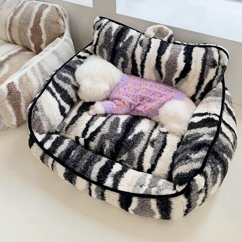 Sofá-cama luxuoso para cães e gatos com estampa de zebra de lã de carneiro