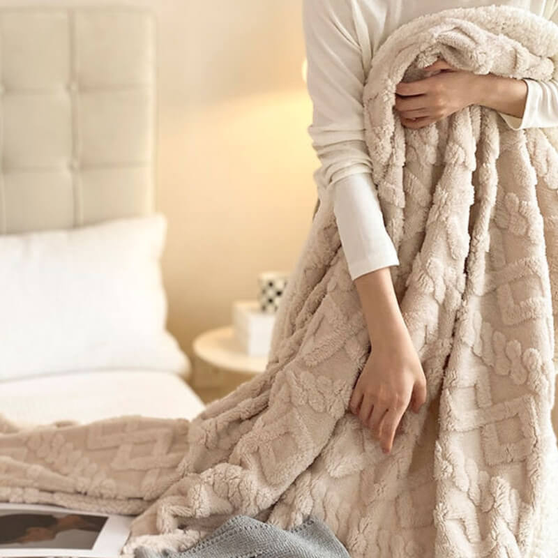 Luxueuse couverture double couche en polaire imitation laine d'agneau gaufrée