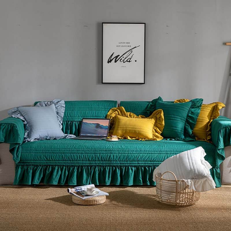 Capa de sofá anti-riscos de algodão liso com babados
