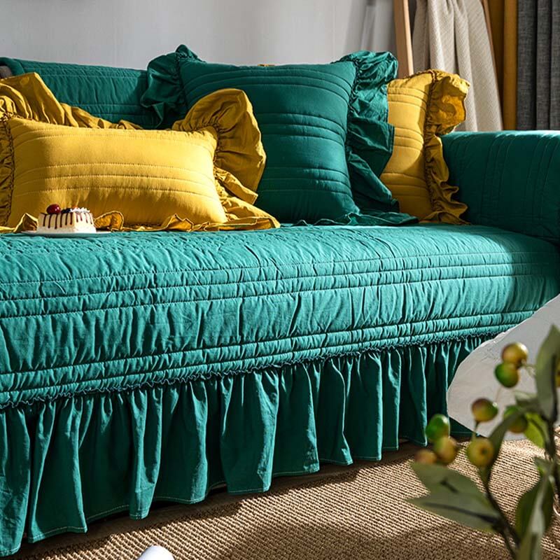 Plain Cotton Ruffled Anti-scratch Couch Cover