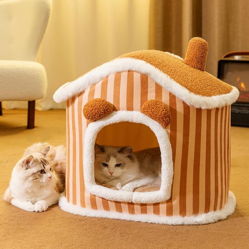 Halbgeschlossenes Plüsch-Katzenhaus, warmes Katzenbett