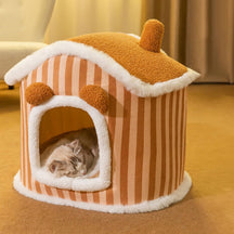 Semi-enclosed Plush Cat House Warm Cat Bed