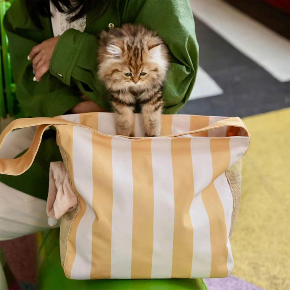 Bolsa para transporte de gatos respirável com grande espaço listrado