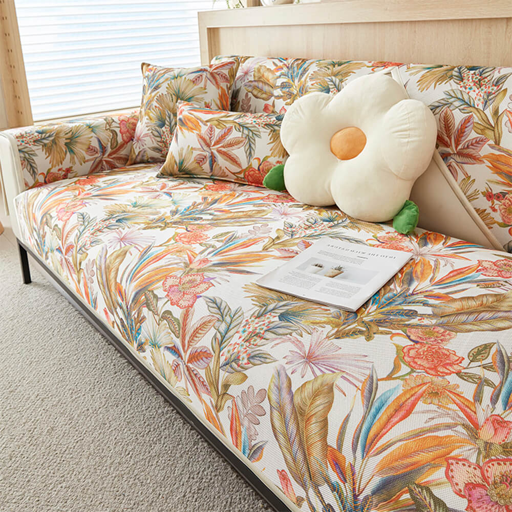 Tropical Leaves Cooling Non-slip Sectional Couch Cover