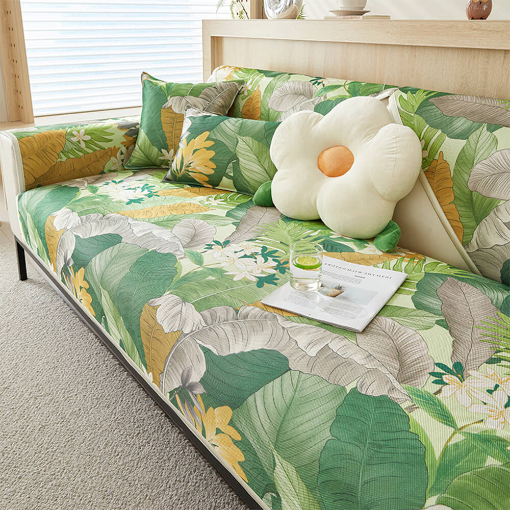 Tropical Leaves Cooling Non-slip Sectional Couch Cover