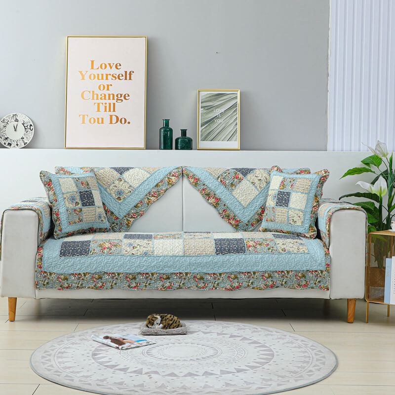Capa de sofá de algodão xadrez com flores vintage