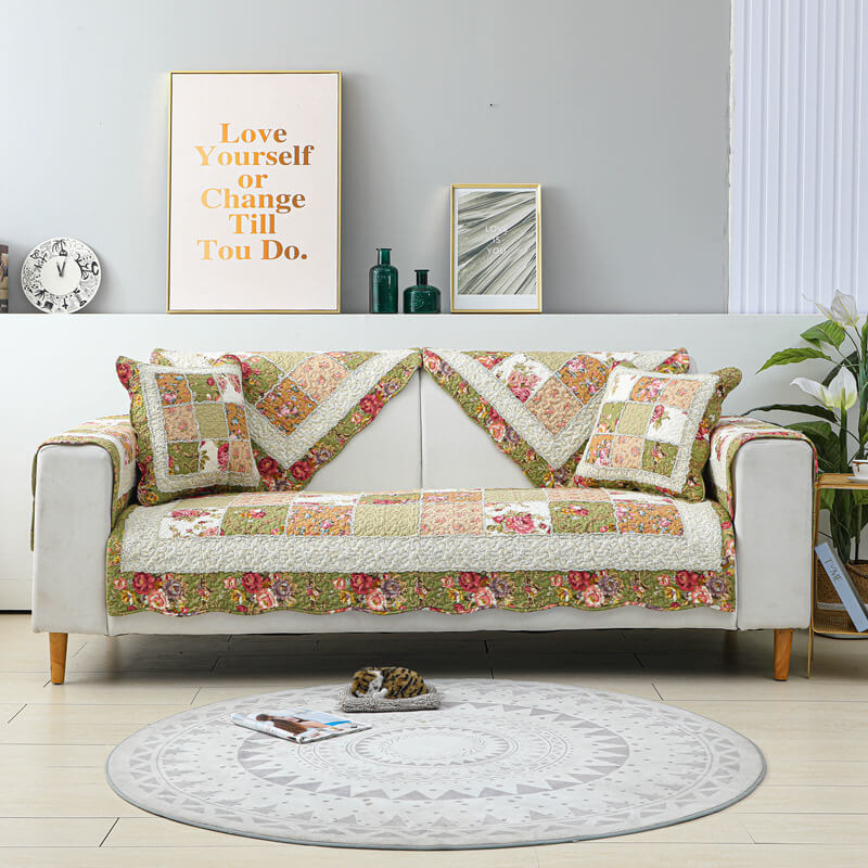 Vintage Flower Plaid Cotton Couch Cover