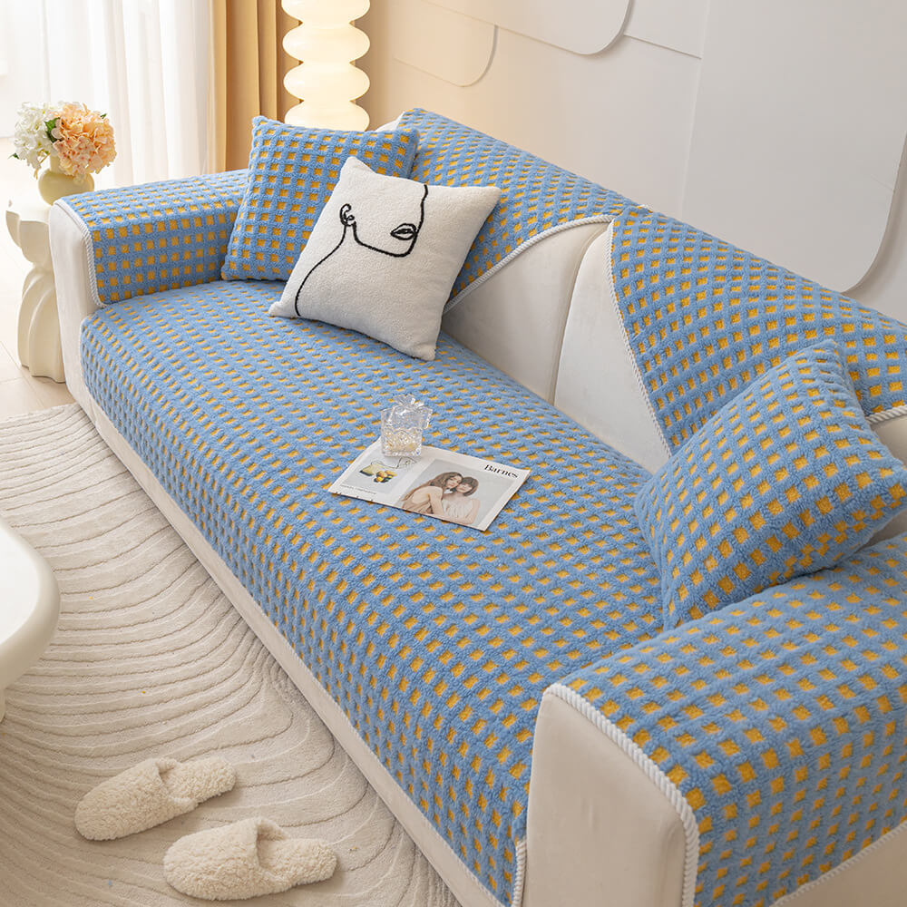 Capa de sofá protetora de móveis xadrez de lã sherpa quente