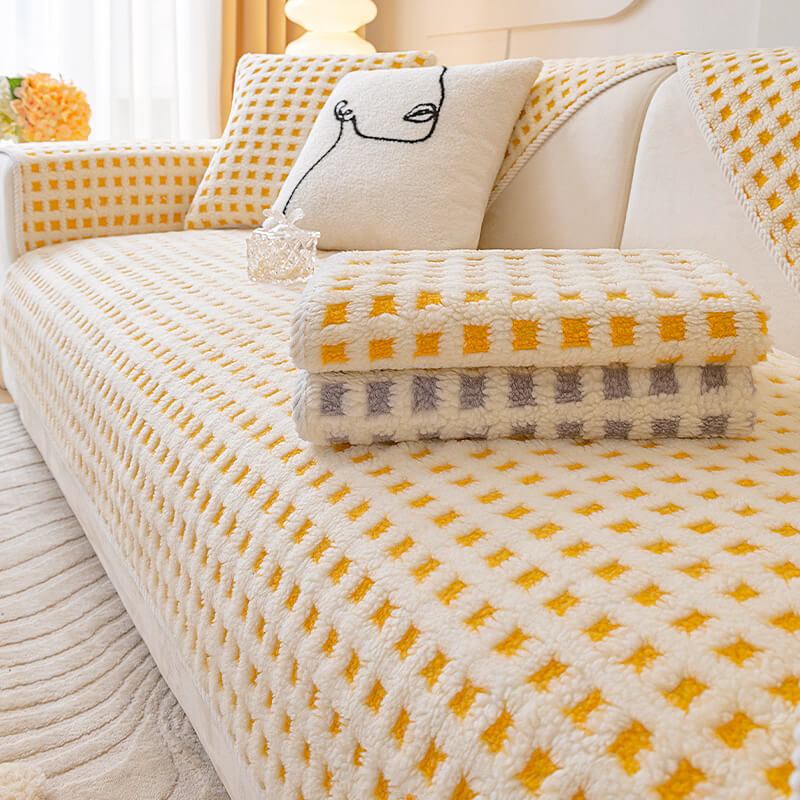 Capa de sofá protetora de móveis xadrez de lã sherpa quente