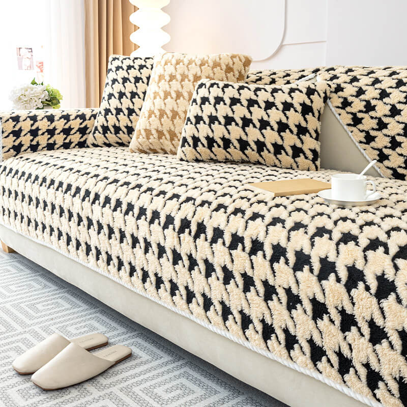 Capa de sofá antiderrapante para proteção de móveis com tapete de pelúcia Houndstooth