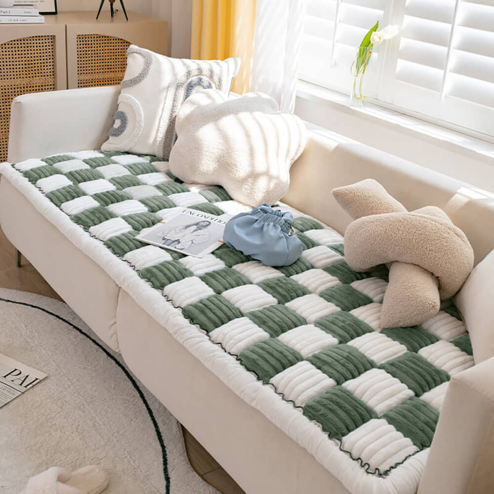 Capa de sofá para cama grande xadrez quadrada felpuda para cachorro de estimação de cor creme
