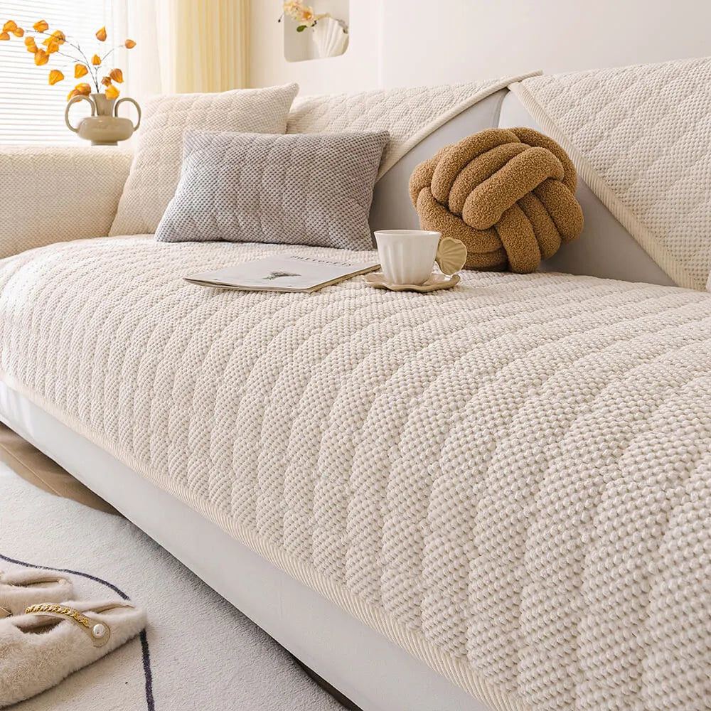Cozy Quilted Grid Corduroy Thickened Anti-Slip Couch Cover