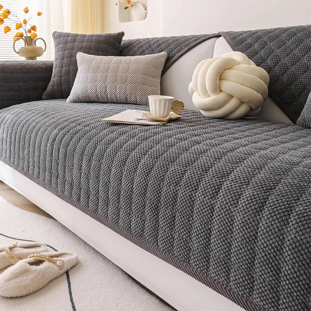 Cozy Quilted Grid Corduroy Thickened Anti-Slip Couch Cover