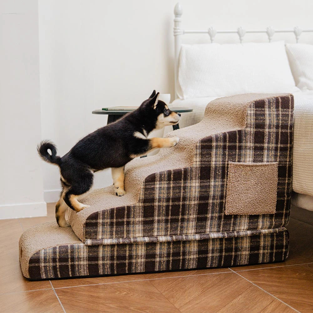 Plush Plaid High-Density Sponge Removable Pet Ramp Stairs - ComfyClimb