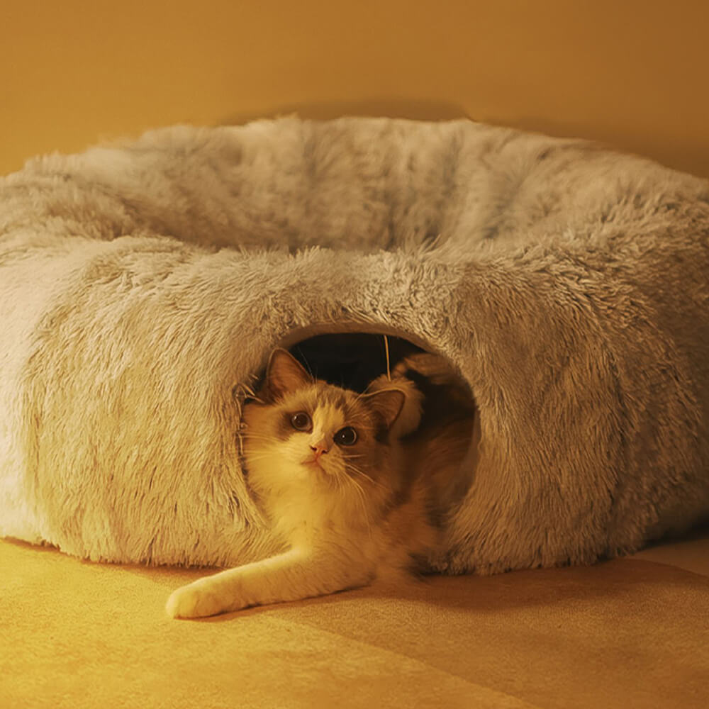 2 in 1 Foldable Indoor Soft Round Cat Tunnel Bed - FunnyFuzzy