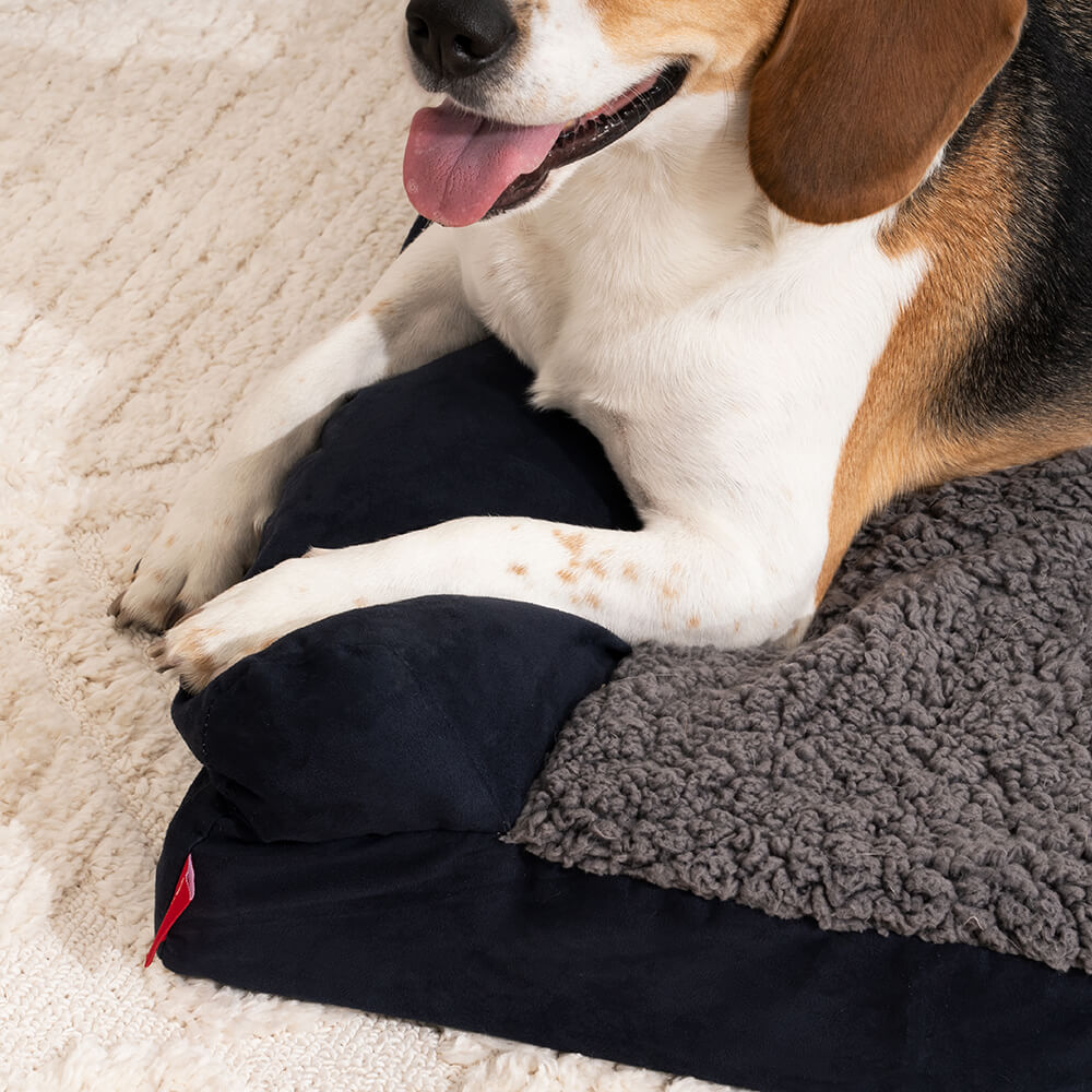 Cama ortopédica luxuosa em forma de L para cachorro com espreguiçadeira de pele sintética e camurça