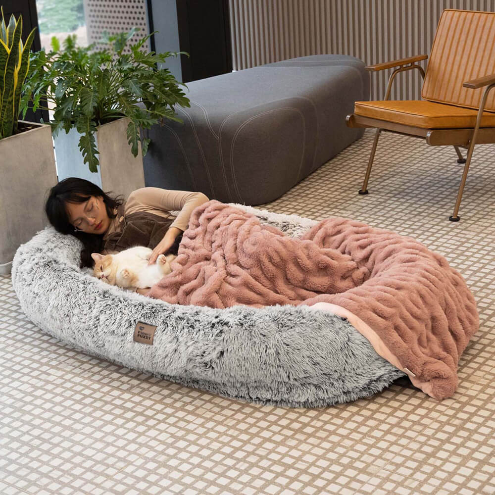 Luxury Super Large Sleep Deeper Oval Bed Human Funny Fuzzy Dog Bed Grey