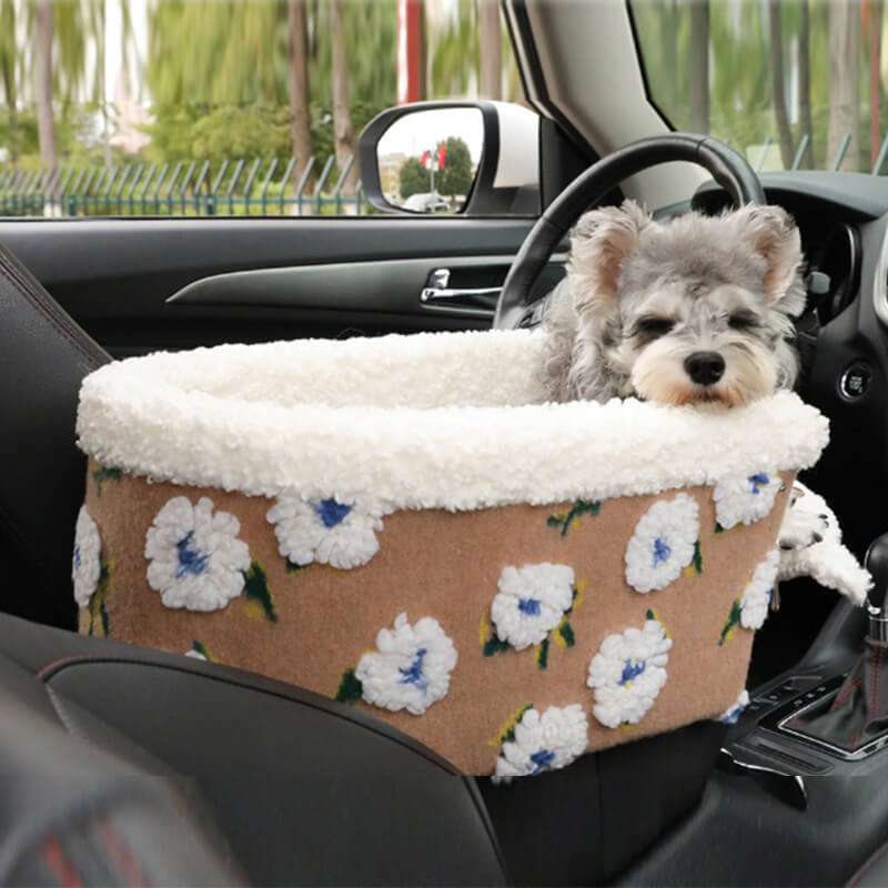 Flower Wool Fleece Dog Car Safety Seat Central Console Pet Car  Seat-Funnyfuzzy